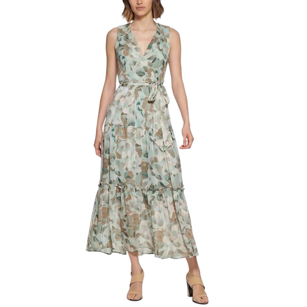 Calvin Klein Pastel Sage & Tan Floral Sleeveless Chiffon Tiered Maxi Dress 10